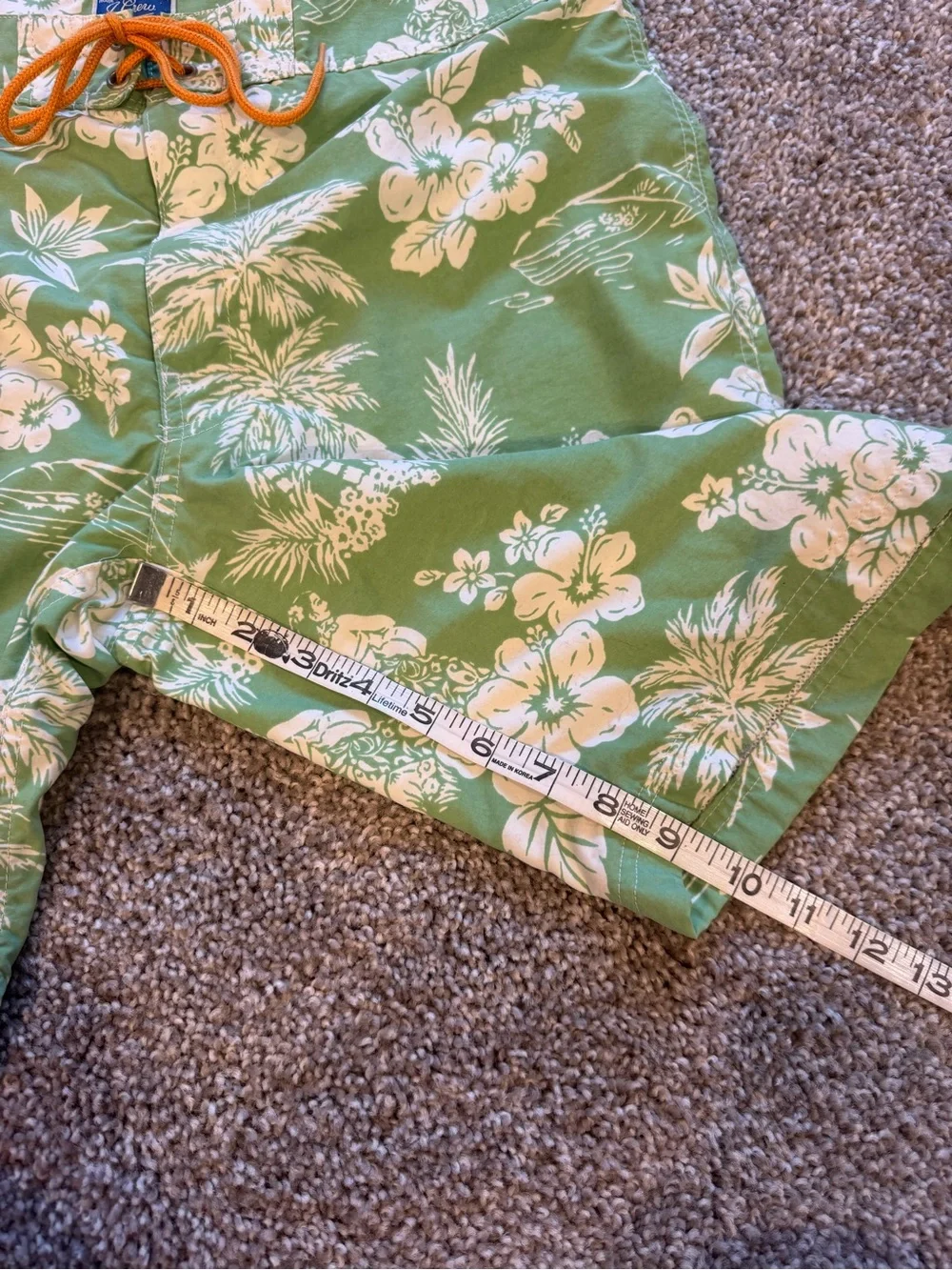 J. Crew Men’s Green Floral Swim Shorts with Orange Drawstring